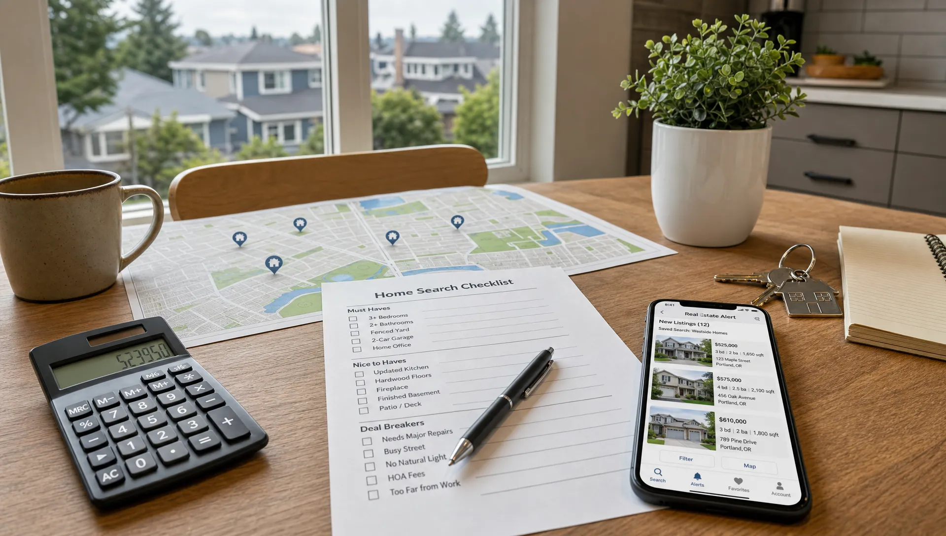 A kitchen table set up for a home search, with a neighborhood map, printed listing checklist, calculator, house keys, and a phone lying flat showing a properly oriented real estate alert screen, with a window view of nearby homes in the background.