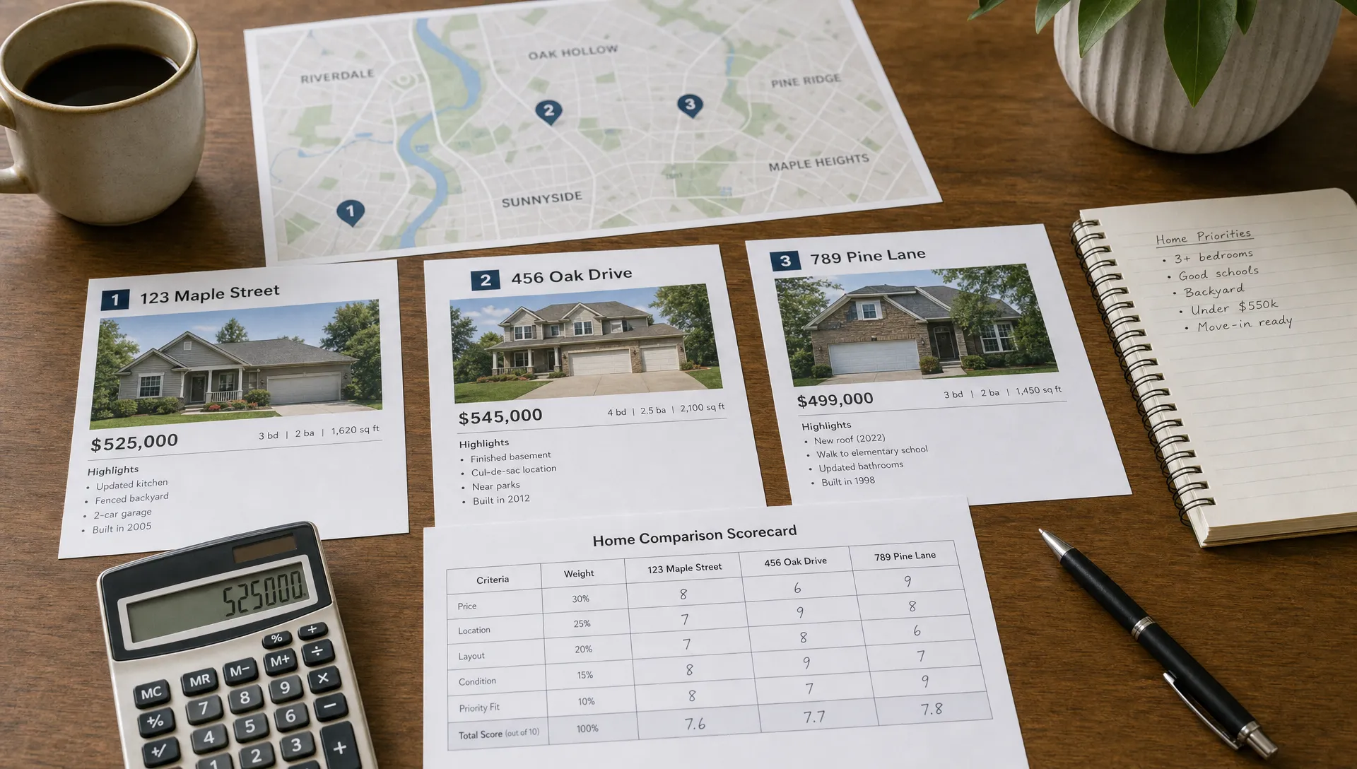 A kitchen table with printed home listing sheets, a neighborhood map, a calculator, and a simple comparison scorecard showing price, location, layout, condition, and priority notes.