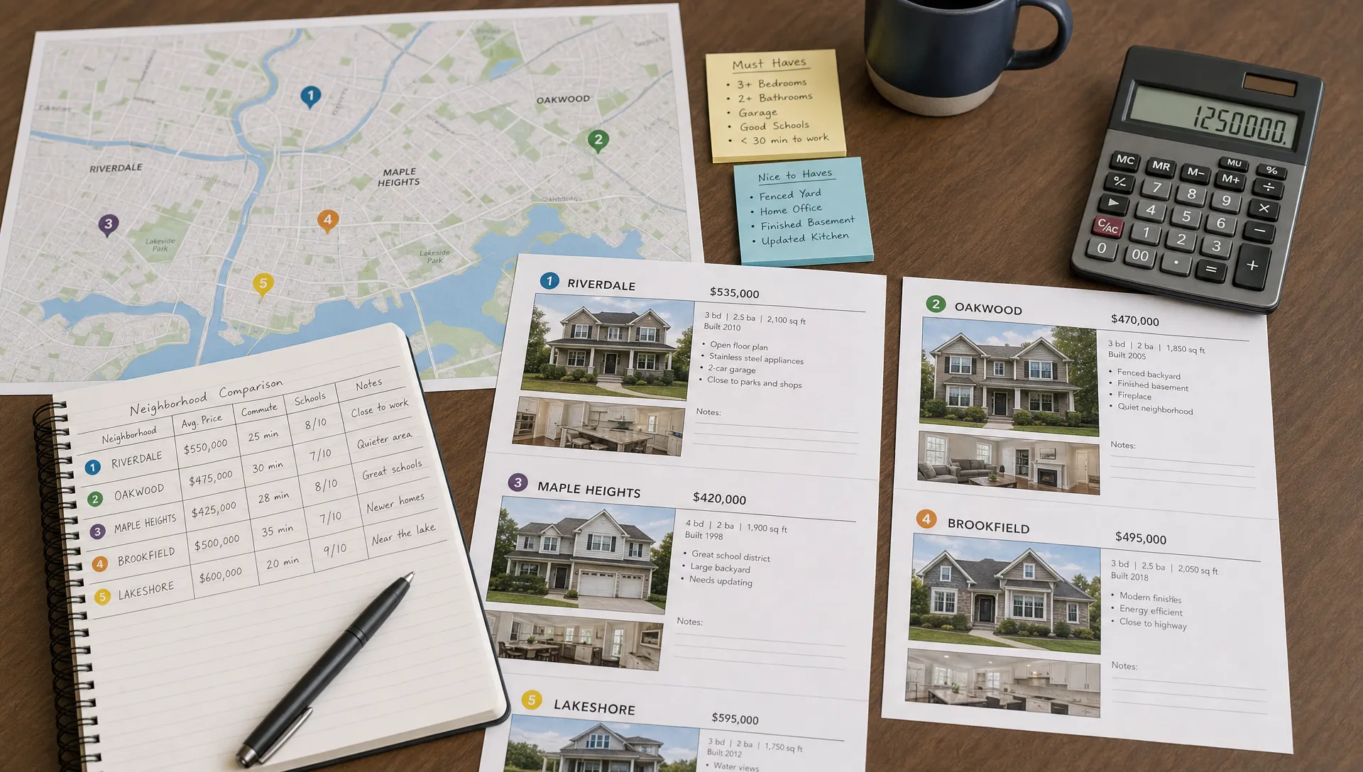 A neatly organized home search planning table with a local map, printed listing sheets, sticky notes, a calculator, and a pen used to compare homes by neighborhood and budget.