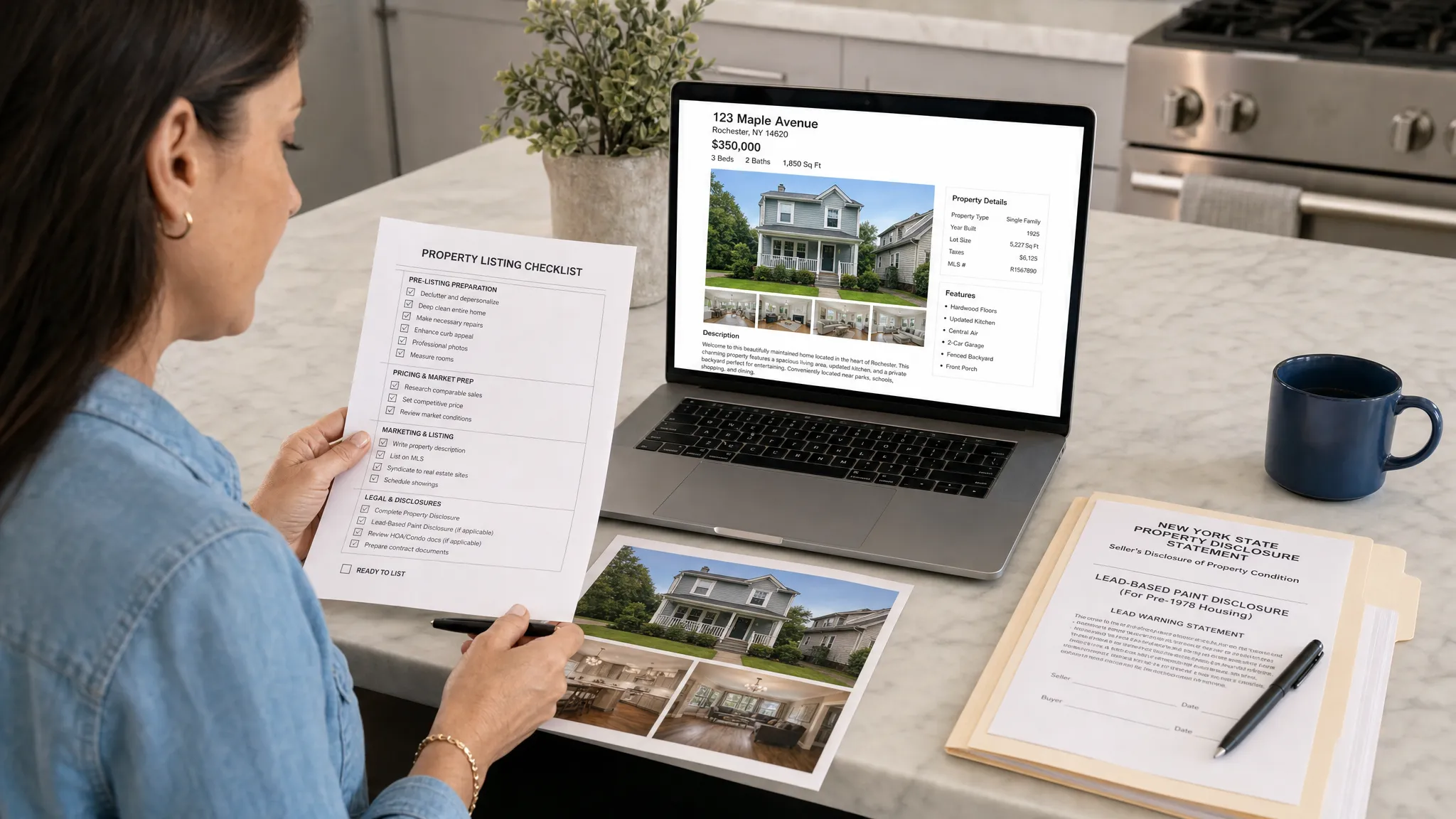 A New York home seller reviewing a clean property listing checklist beside printed home photos, a laptop showing a properly oriented real estate listing page, and organized disclosure documents on a kitchen table.