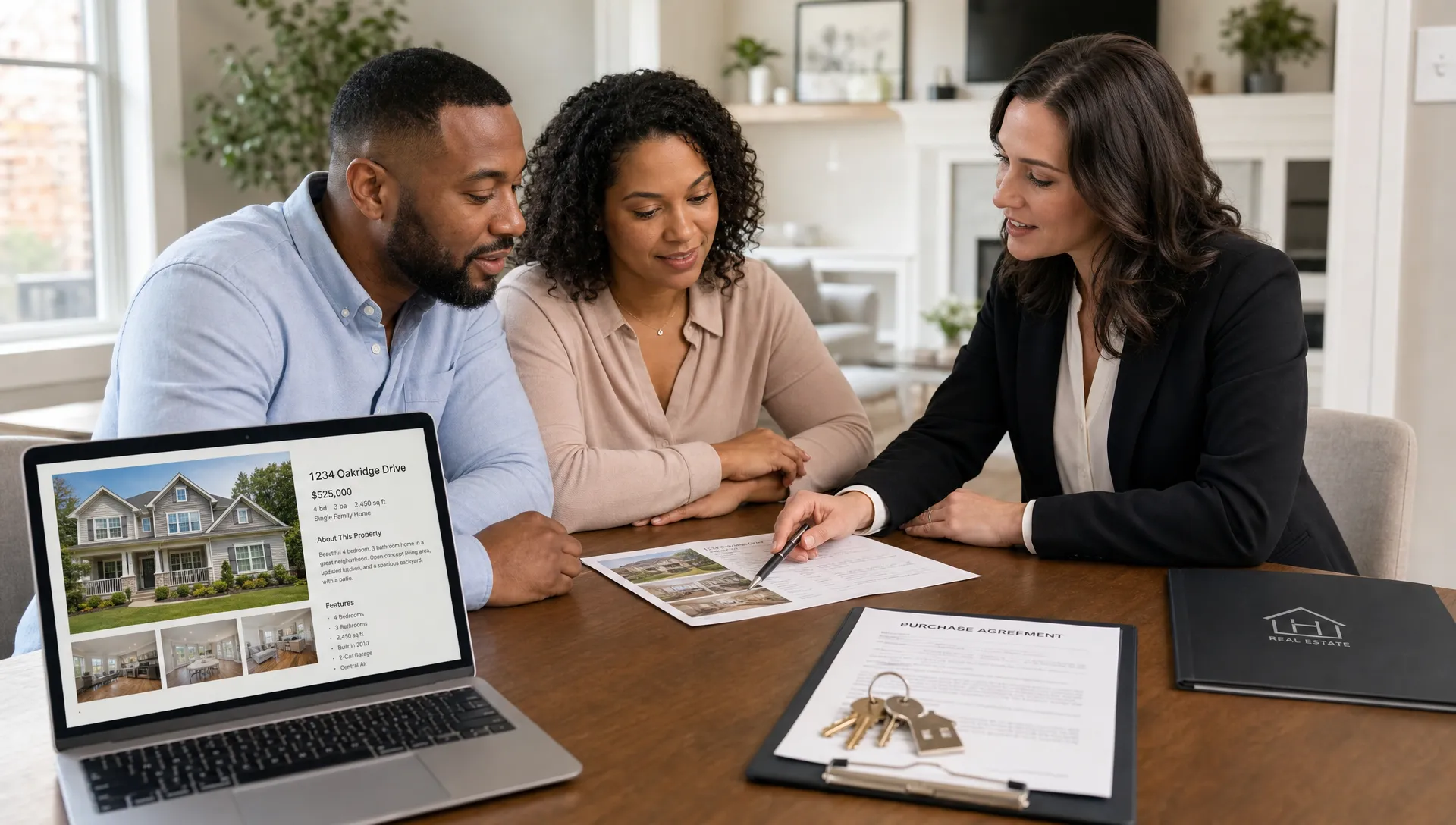 A real estate agent reviews home listing details with a buyer and seller at a table, with printed property sheets, a laptop facing the camera showing a listing page, and house keys placed beside a contract.