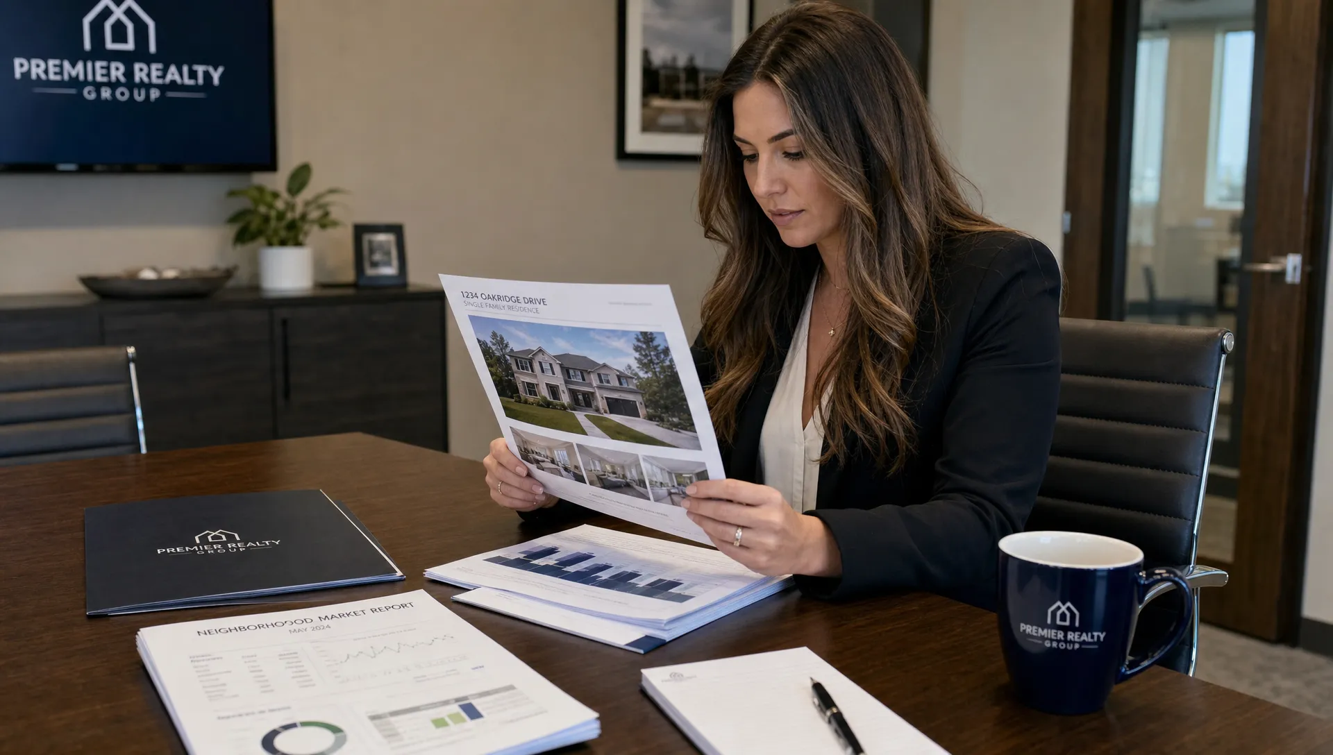 A real estate professional reviewing a home listing packet with documents, property photos, and a neighborhood market report at a conference table in a brokerage office.
