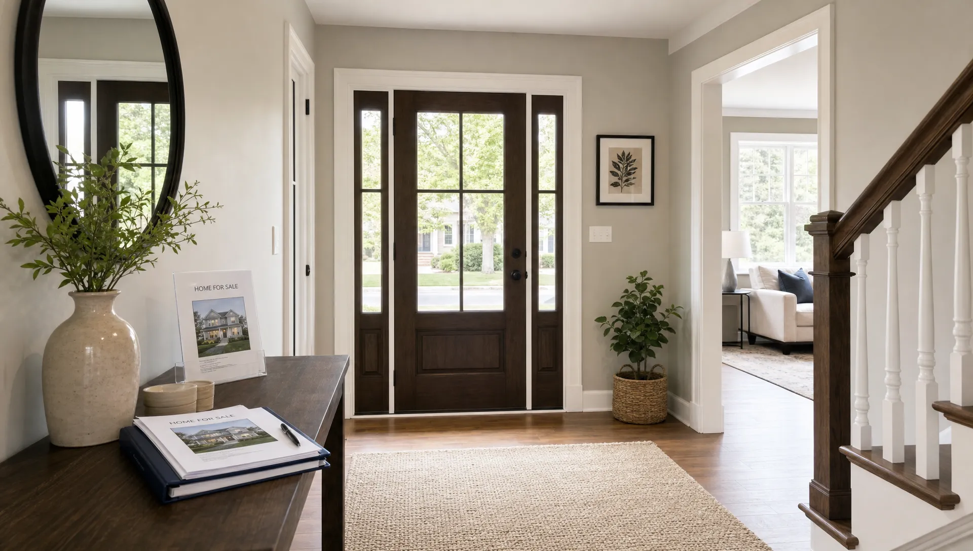 A tidy front entryway with fresh paint, clean floors, natural light, simple decor, and a small table holding neatly organized listing paperwork for a home sale.