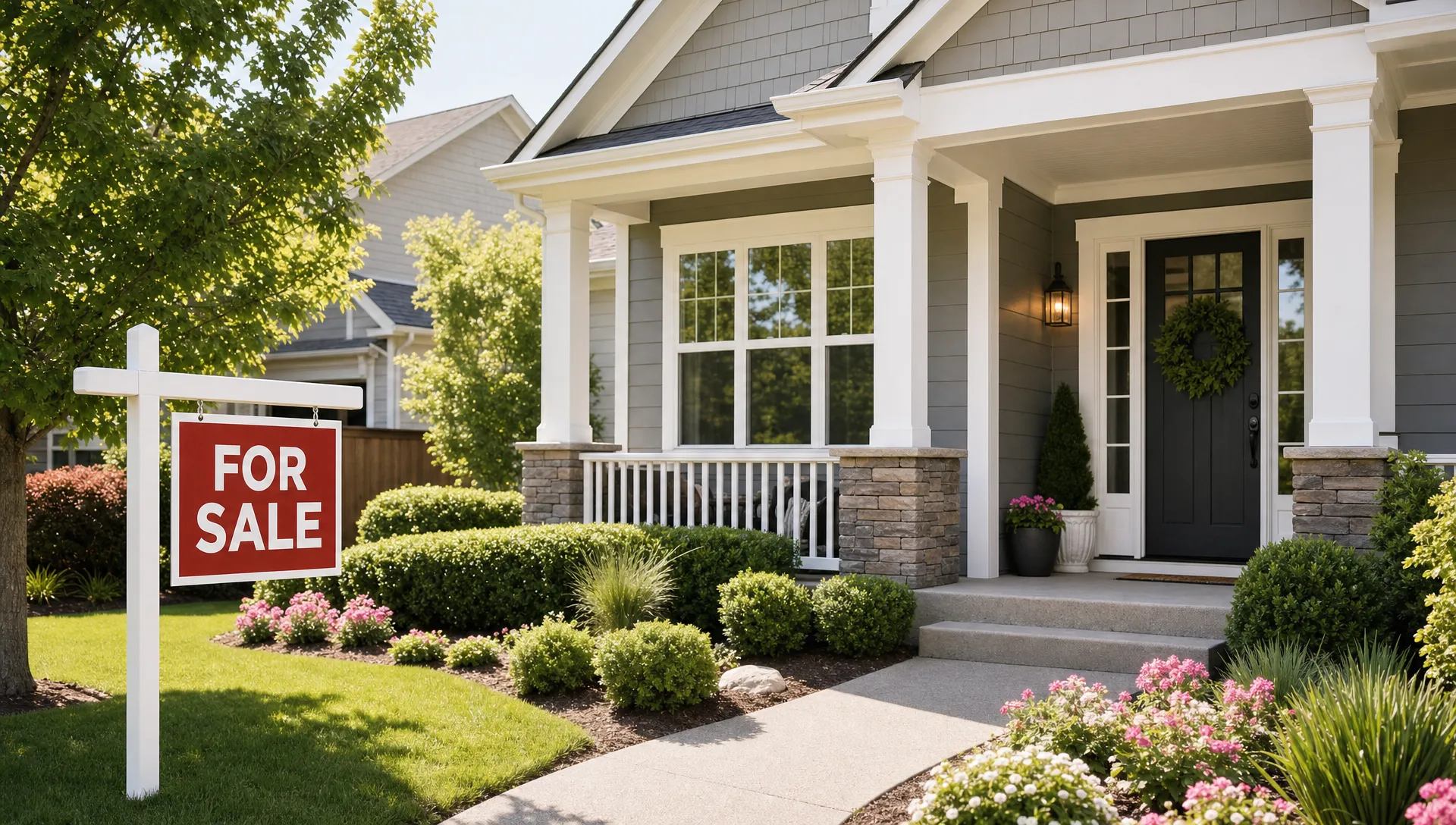 A well-prepared home entryway with clean landscaping, fresh paint, bright natural light through the front windows, and a real estate sign near the walkway, showing a property ready for buyer showings.