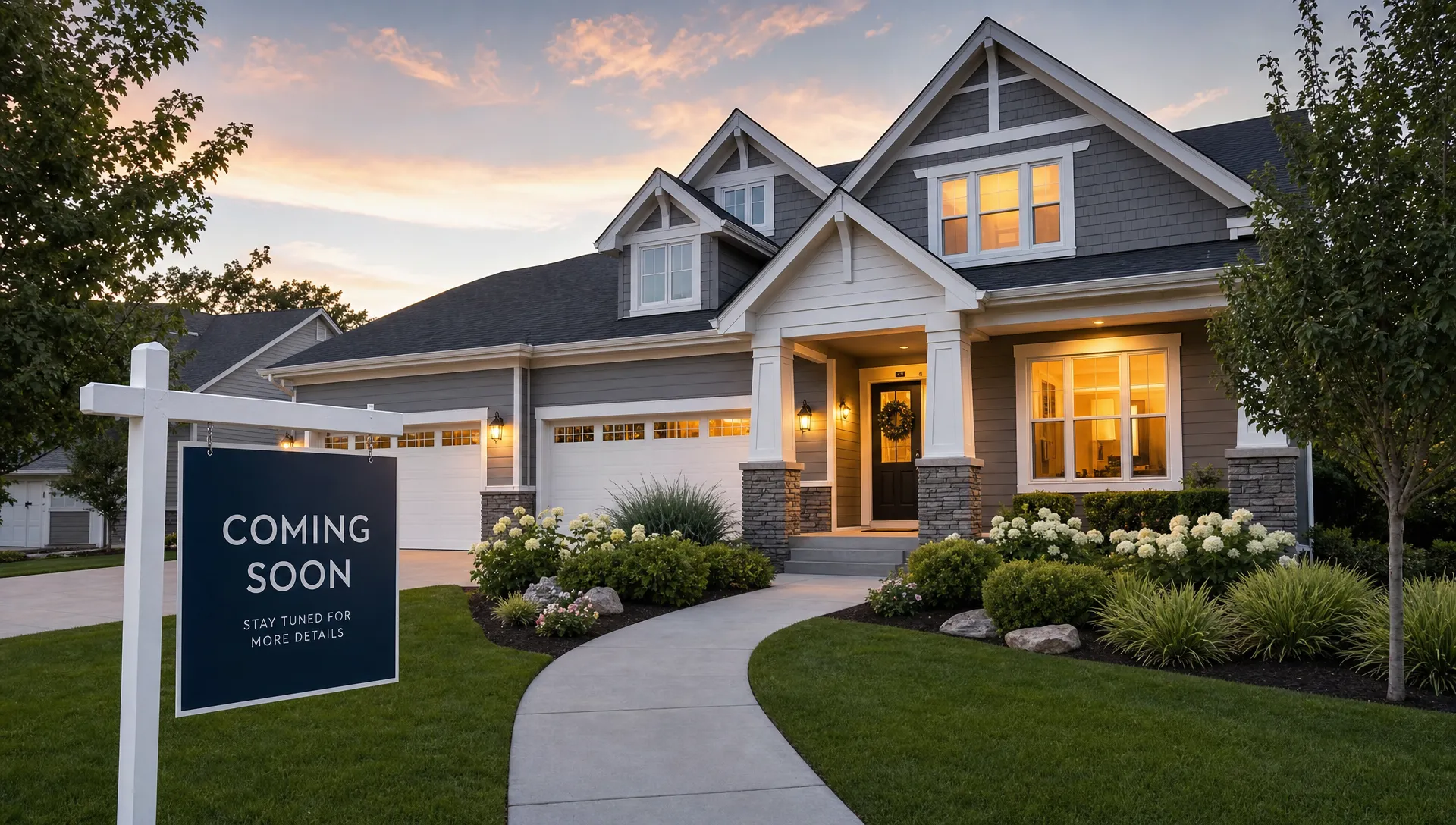A well-prepared suburban home seen from the curb with a coming soon real estate sign in the front yard, a clean walkway, fresh landscaping, and evening light suggesting an upcoming market launch.
