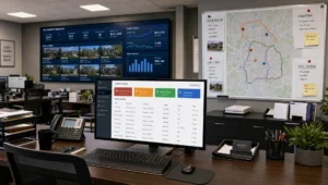 A brokerage office shows MLS monitors, alert dashboards and neighborhood notes for tracking new listings today.
