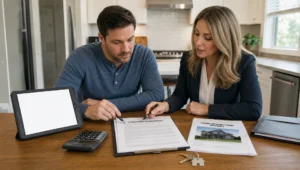 A buyer and agent review a purchase agreement beside inspection papers, keys, and a calculator at a kitchen table.