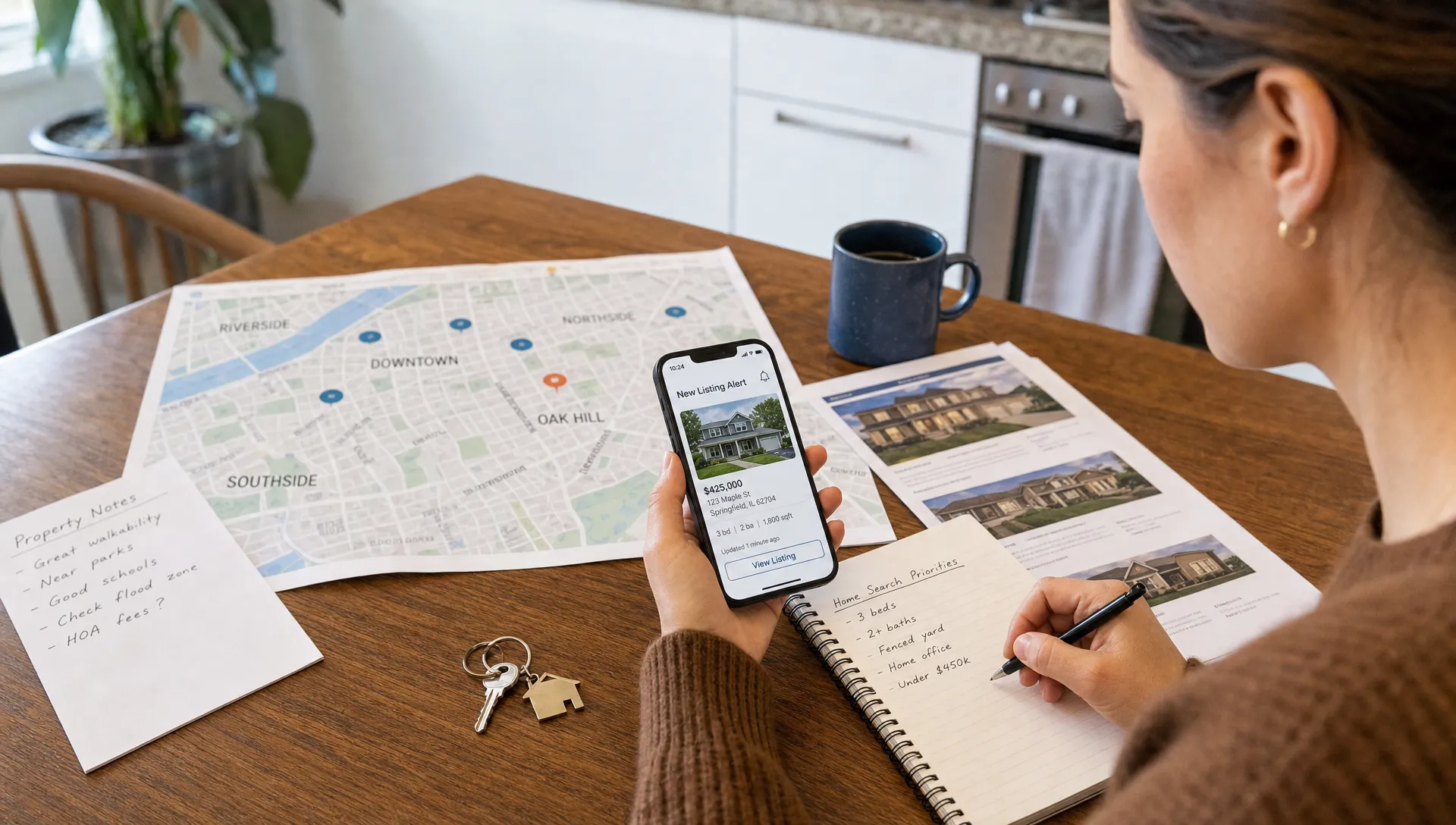 A buyer reviews a neighborhood map, property notes and a phone alert at a kitchen table with keys, a notebook and listing sheets nearby.