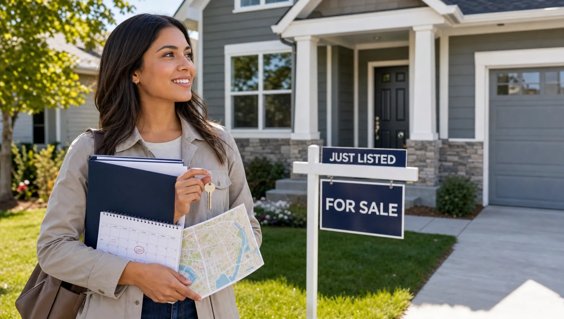 A buyer stands outside a newly listed home with a folder, house key, calendar, and neighborhood map for quick home search planning.
