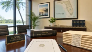 A Florida closing office shows the title and settlement work that still comes with a flat fee listing.