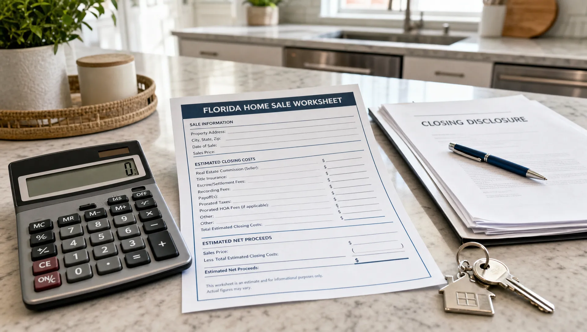 A Florida home sale worksheet sits beside a calculator, house keys, and closing papers on a kitchen counter.