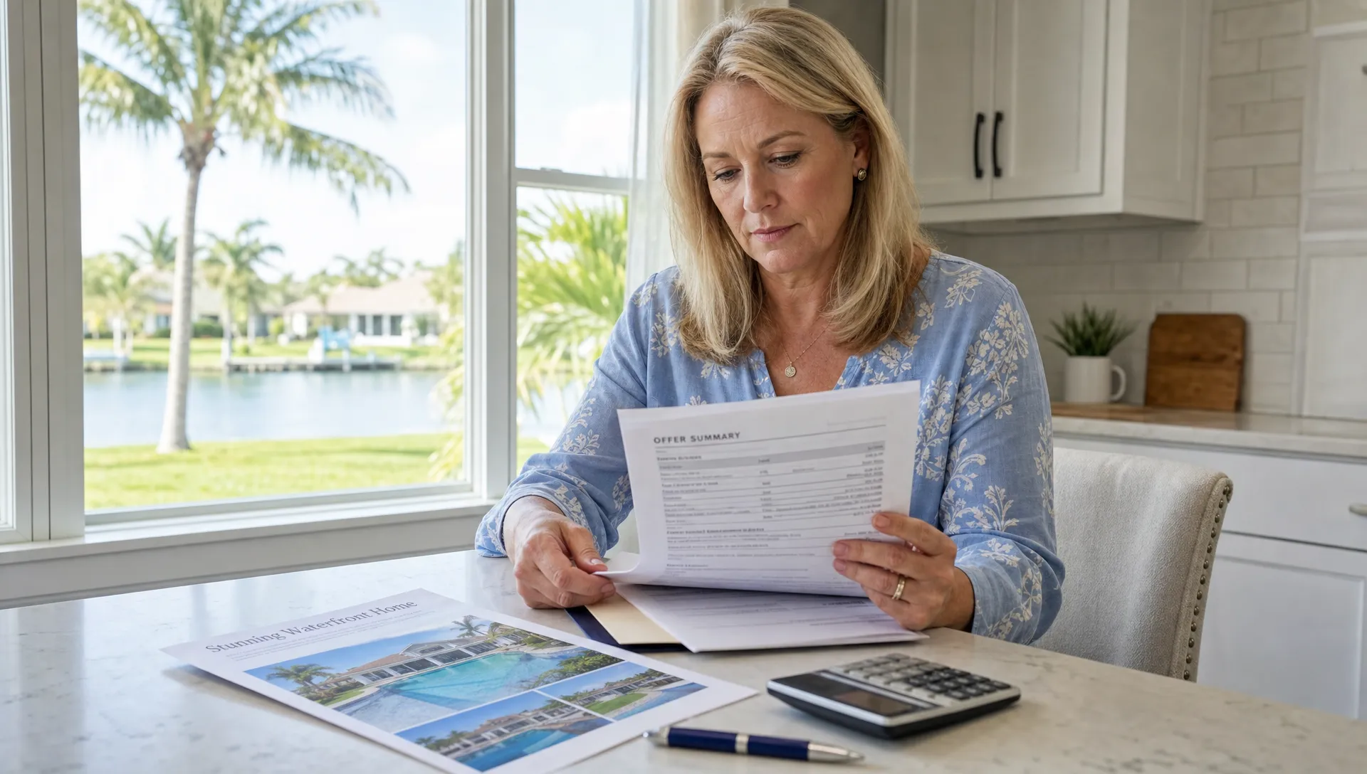 A Florida home seller reviews offer documents, a property flyer, a calculator and a pen on a kitchen table beside a bright residential window.