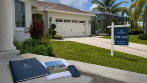 A Florida home with a for-sale sign and listing documents on the front steps shows the sale process and support at the property.