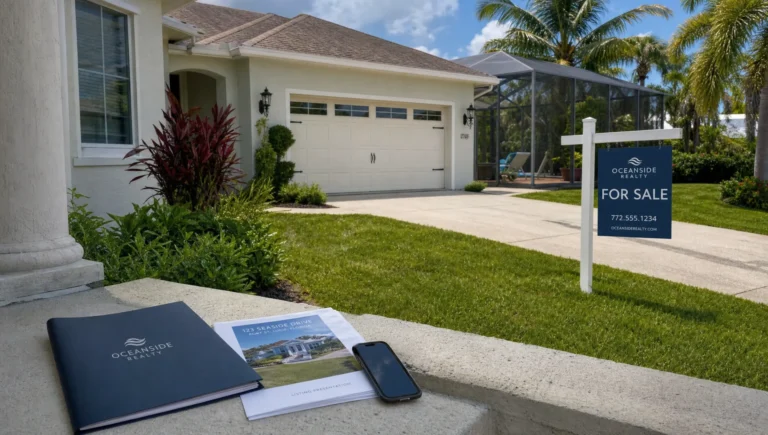A Florida home with a for-sale sign and listing documents on the front steps shows the sale process and support at the property.