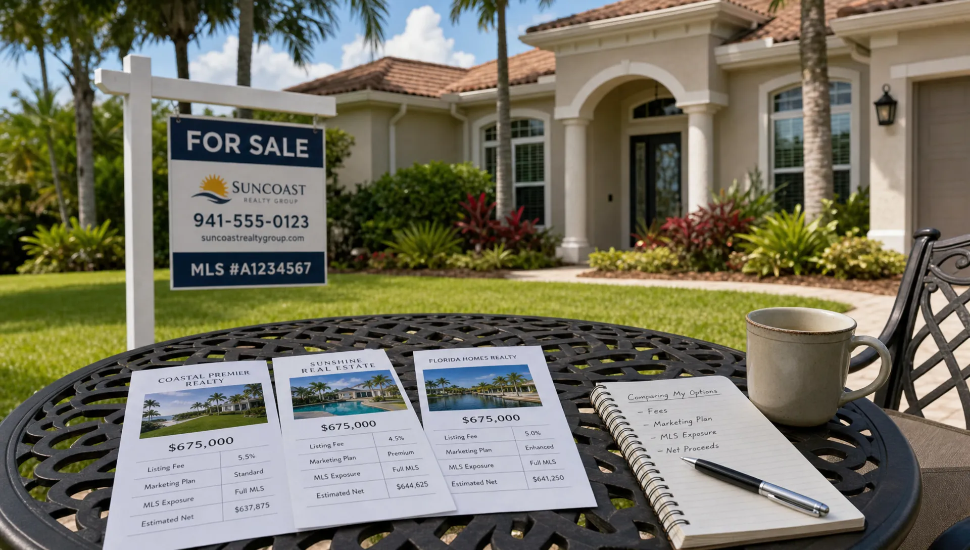 A Florida home with a for sale sign in the yard, printed MLS listing details, and a notebook on a patio table, representing a seller comparing brokerage options.