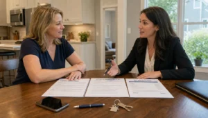 A home seller and broker review a flat fee MLS listing agreement at a kitchen table.