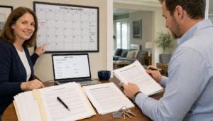 A home seller and broker review listing paperwork, deadlines, and keys while managing a flat fee home listing.