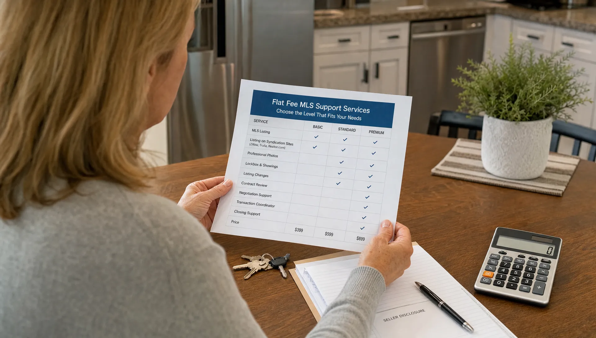 A home seller reviews a flat fee MLS support chart with keys, paperwork, and a calculator on a kitchen table.