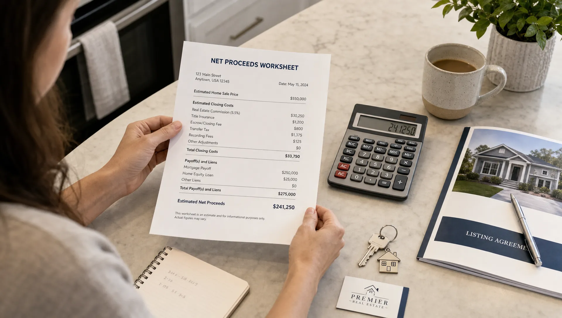 A home seller reviews a printed net proceeds worksheet on a kitchen table with a calculator, house keys, and real estate documents arranged neatly nearby.