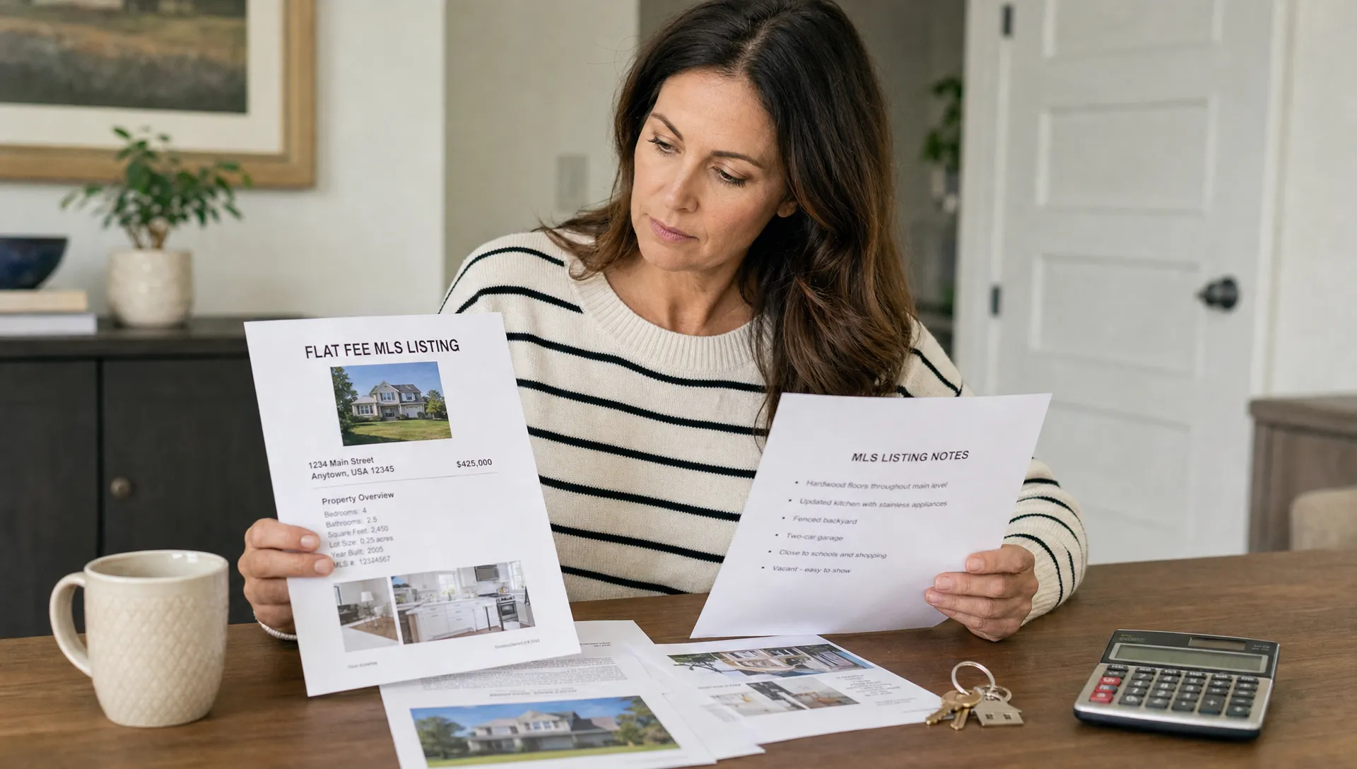 A home seller reviews printed flat fee MLS reviews, listing notes, house keys, and a calculator on a desk.