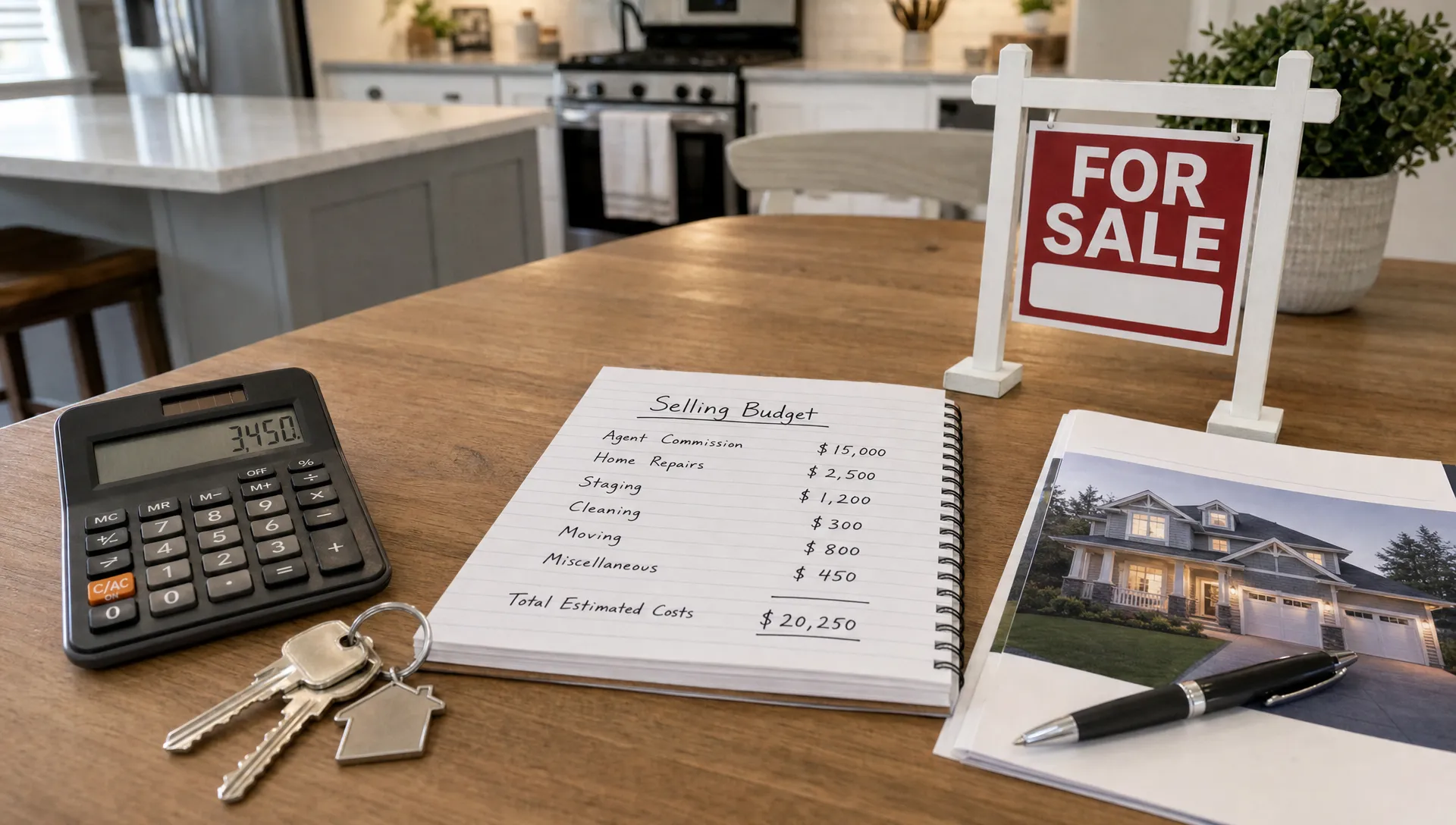 A home seller’s cost planning setup with a calculator, house keys, a notepad showing a simple selling budget, and a small for-sale sign on a kitchen table.