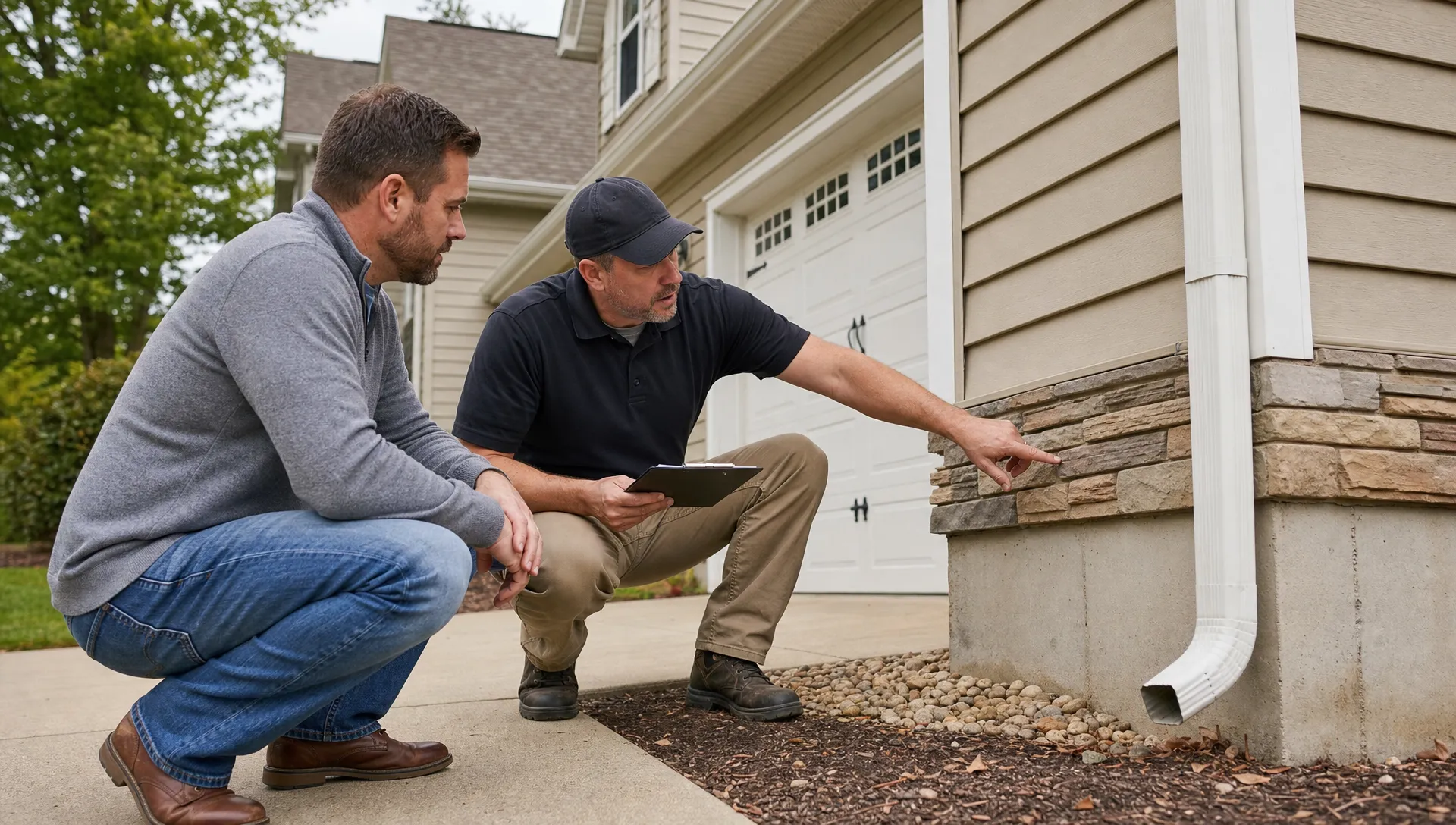 A homebuyer and inspector reviewing the exterior of a house, with attention on the roofline, foundation, gutters, and drainage areas during a careful property walkthrough, shown from a side angle near the driveway.