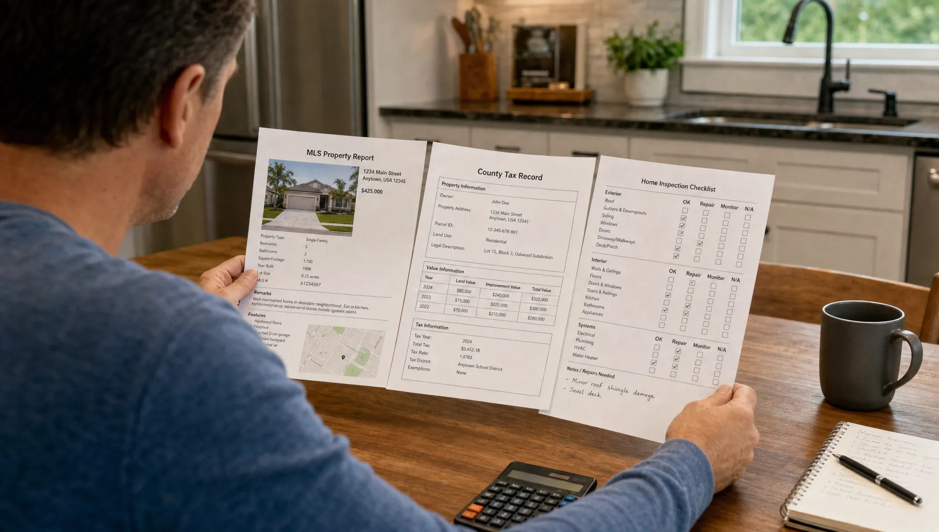 A homebuyer compares an MLS property sheet, county tax record, and inspection checklist on a kitchen table.