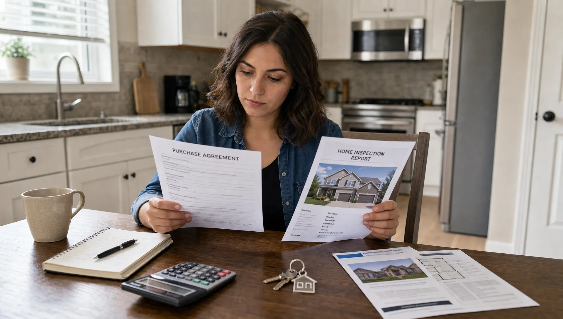 A homebuyer reviews a purchase agreement and inspection report at a kitchen table with house keys, a calculator, and printed property documents nearby.