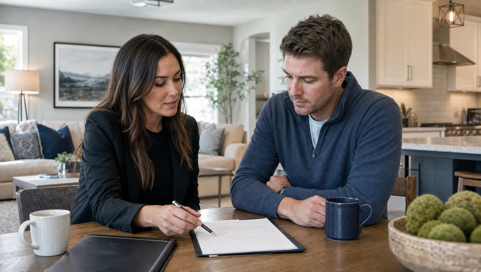 A homeowner and a real estate agent review offer documents at a kitchen table with a tidy living room behind them.
