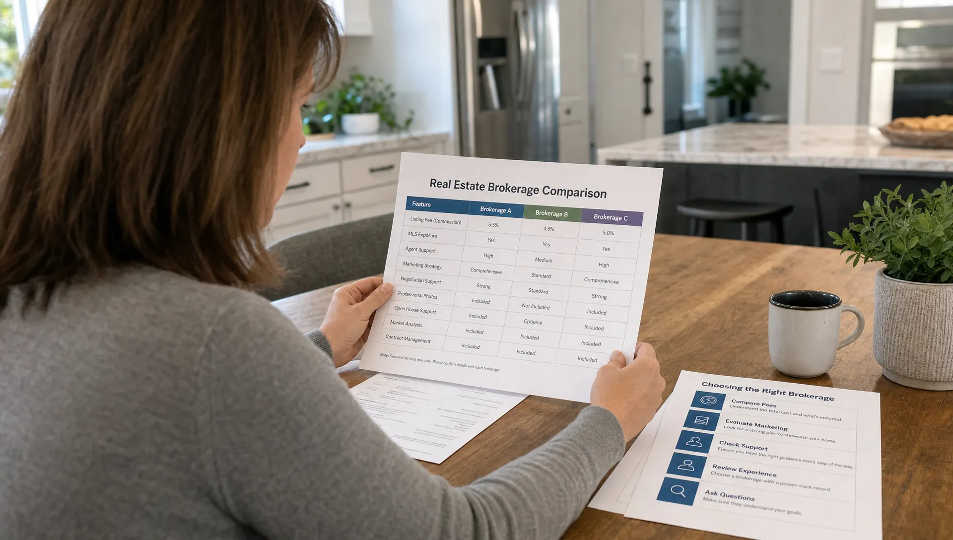A homeowner reviewing printed real estate brokerage comparison sheets at a kitchen table, with columns for fees, MLS exposure, support, marketing, and negotiation help.