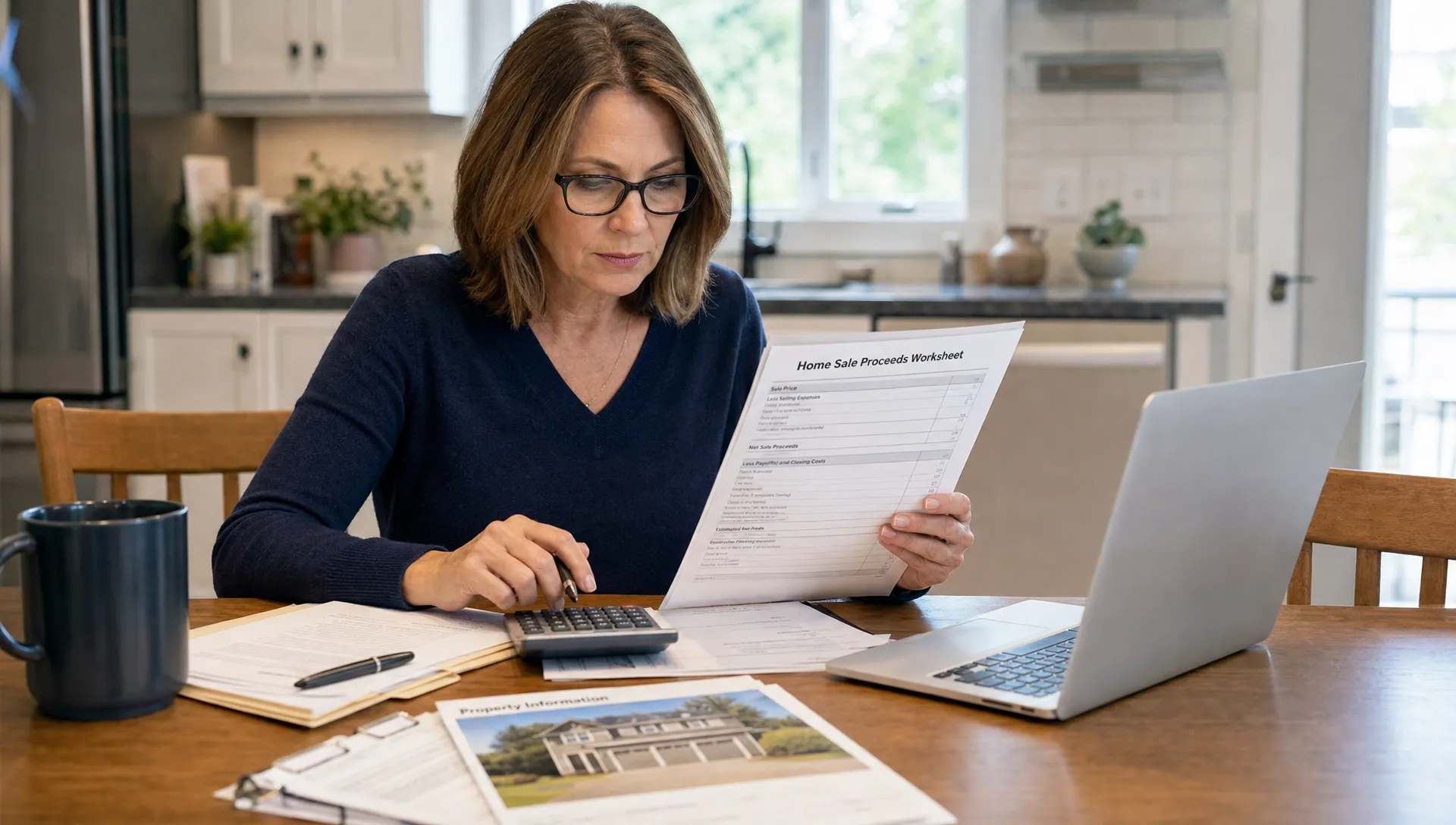 A homeowner reviews a home sale proceeds worksheet with a calculator, property documents, and a laptop facing them at a kitchen table.