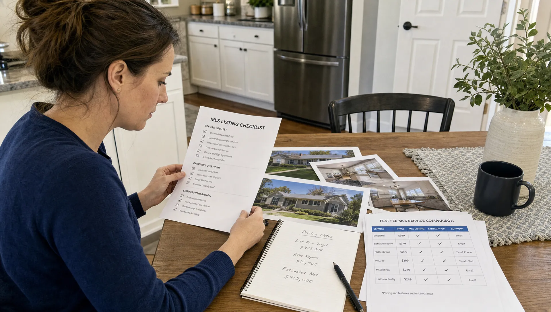 A homeowner reviews a printed MLS listing checklist, pricing notes, and property photos on a kitchen table while comparing local flat fee MLS services.