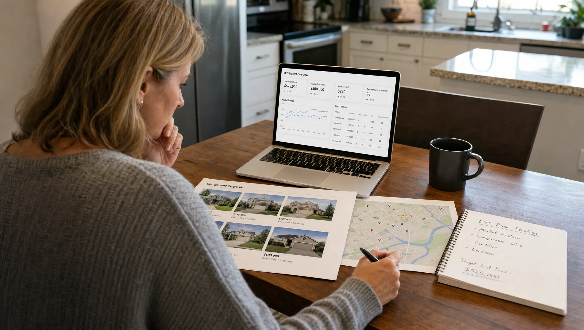 A homeowner reviews MLS market data, comparable home photos, and a neighborhood map on a kitchen table before setting a listing price.