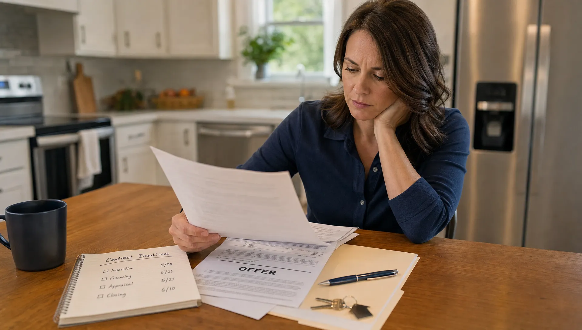 A homeowner reviews offer papers, marked contract deadlines, a pen, and house keys on a kitchen table.
