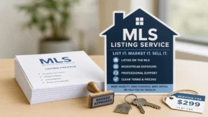 A house-shaped listing sign sits beside MLS paperwork, keys, and an approval stamp, suggesting a flat fee listing service.