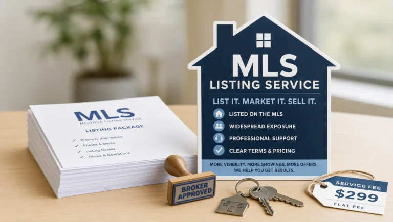 A house-shaped listing sign sits beside MLS paperwork, keys, and an approval stamp, suggesting a flat fee listing service.
