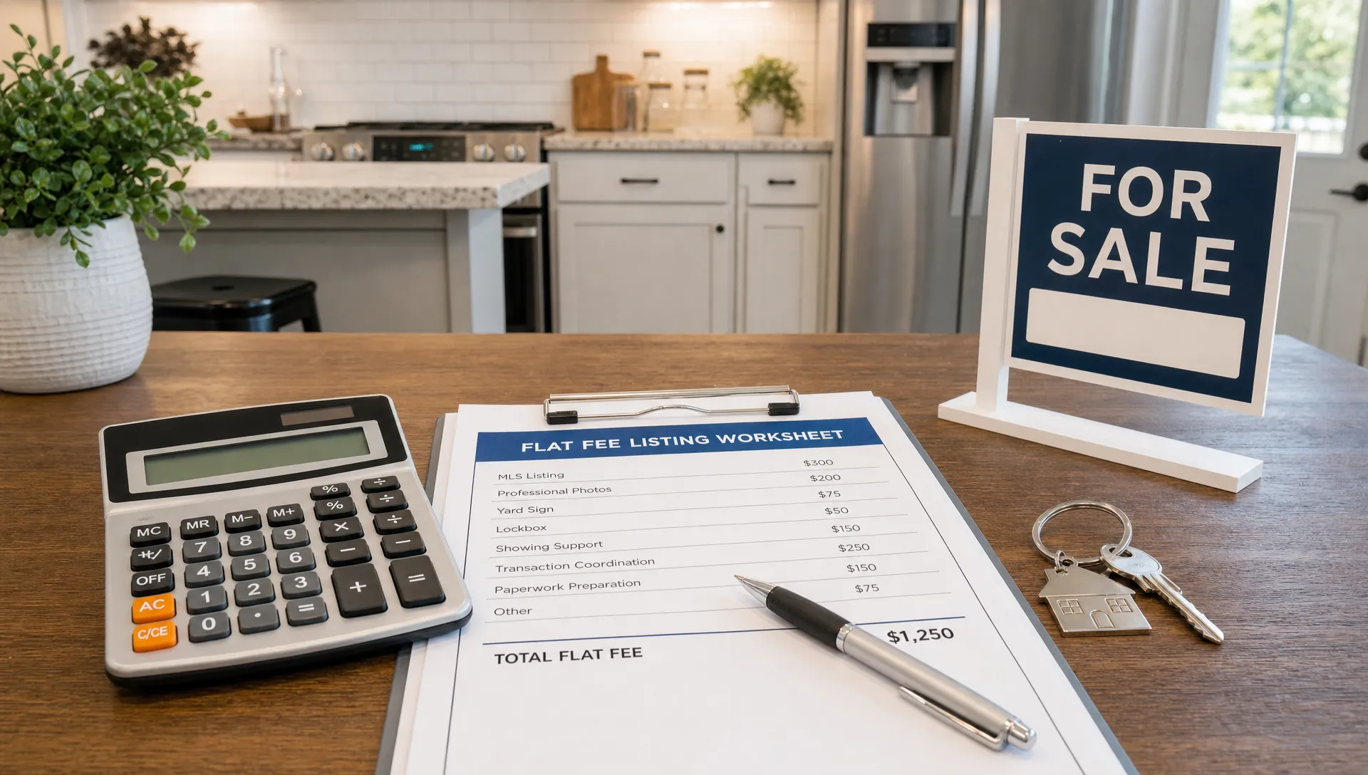 A kitchen table holds a calculator, house keys, a flat fee worksheet, and a small for sale sign.
