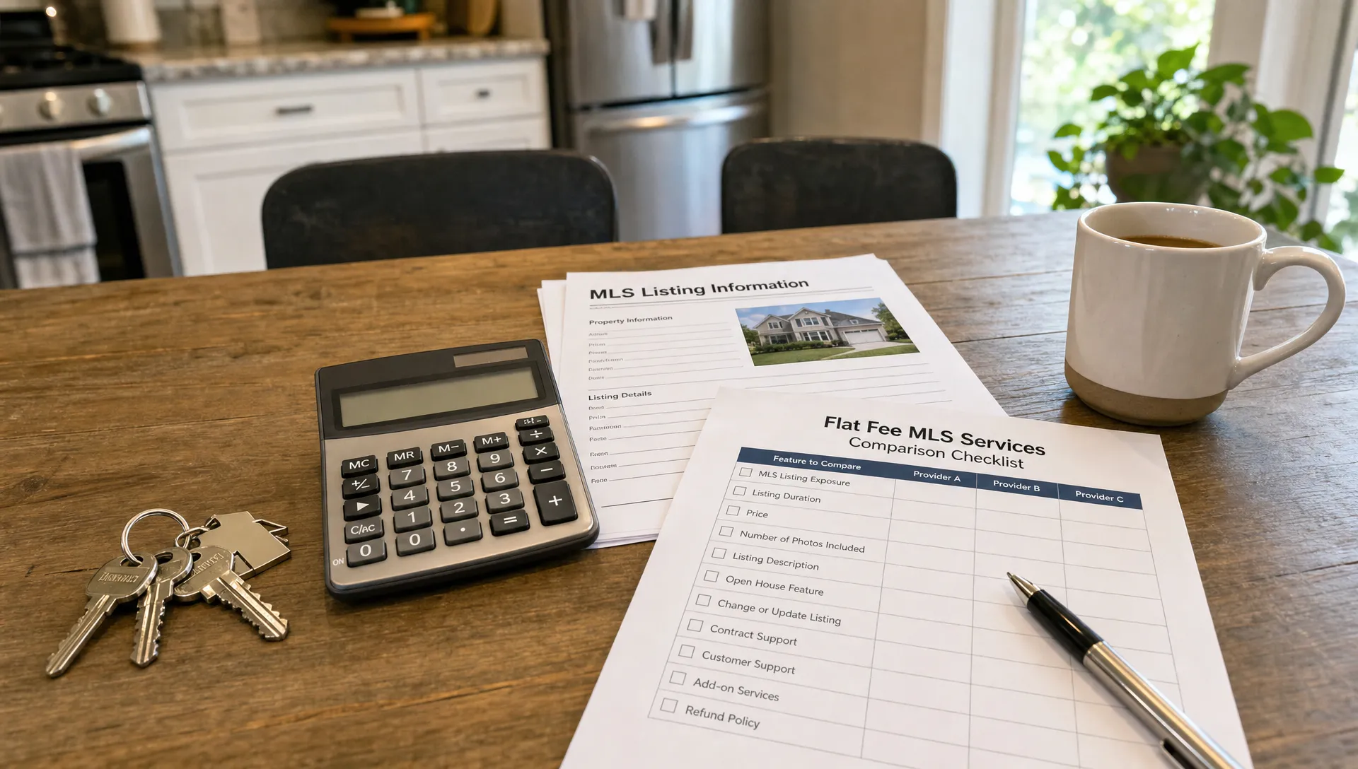 A kitchen table holds house keys, a calculator, MLS paperwork, and a checklist for comparing flat fee MLS services.