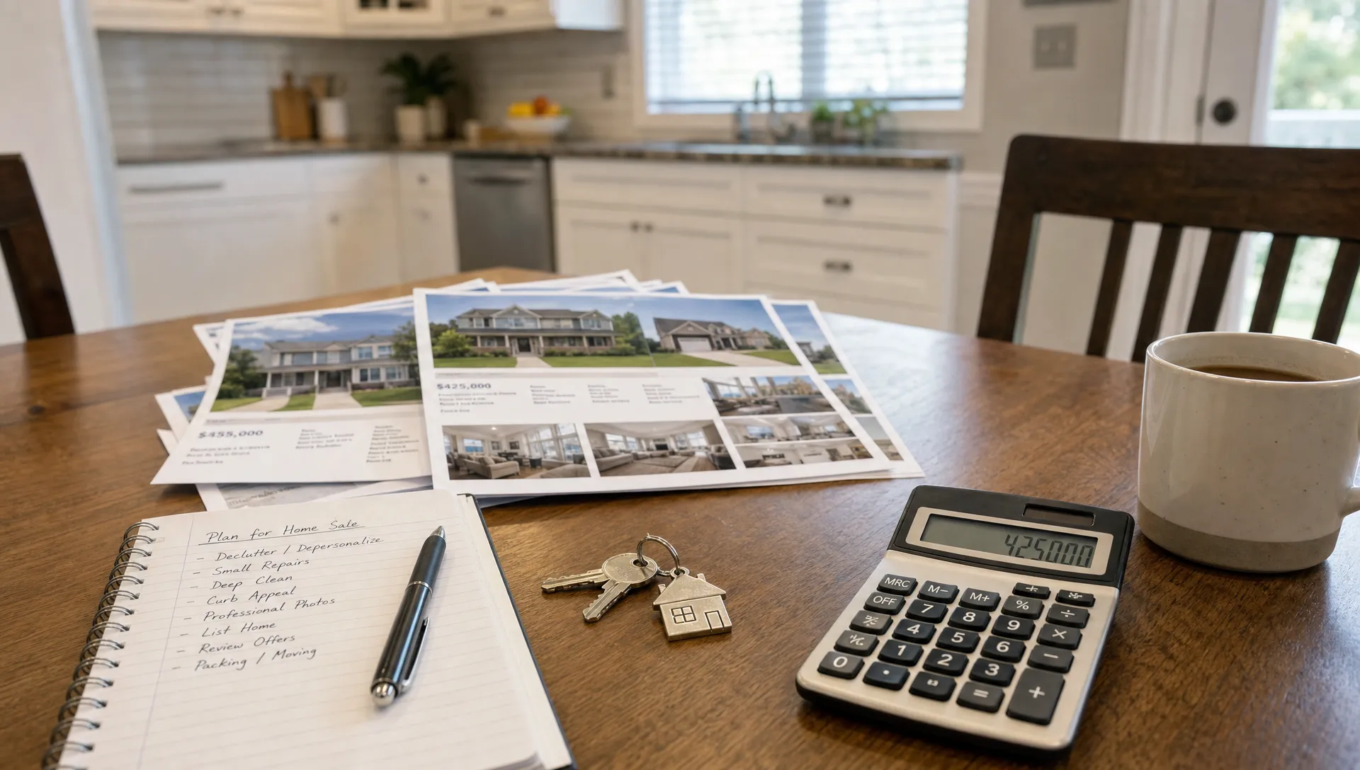 A kitchen table holds listing pages, a calculator, house keys, and a notebook as a seller plans a home sale.