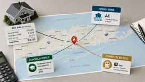 A Long Island map shows taxes, flood risk, school district and commute around one home pin before an offer.