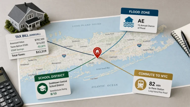 A Long Island map shows taxes, flood risk, school district and commute around one home pin before an offer.