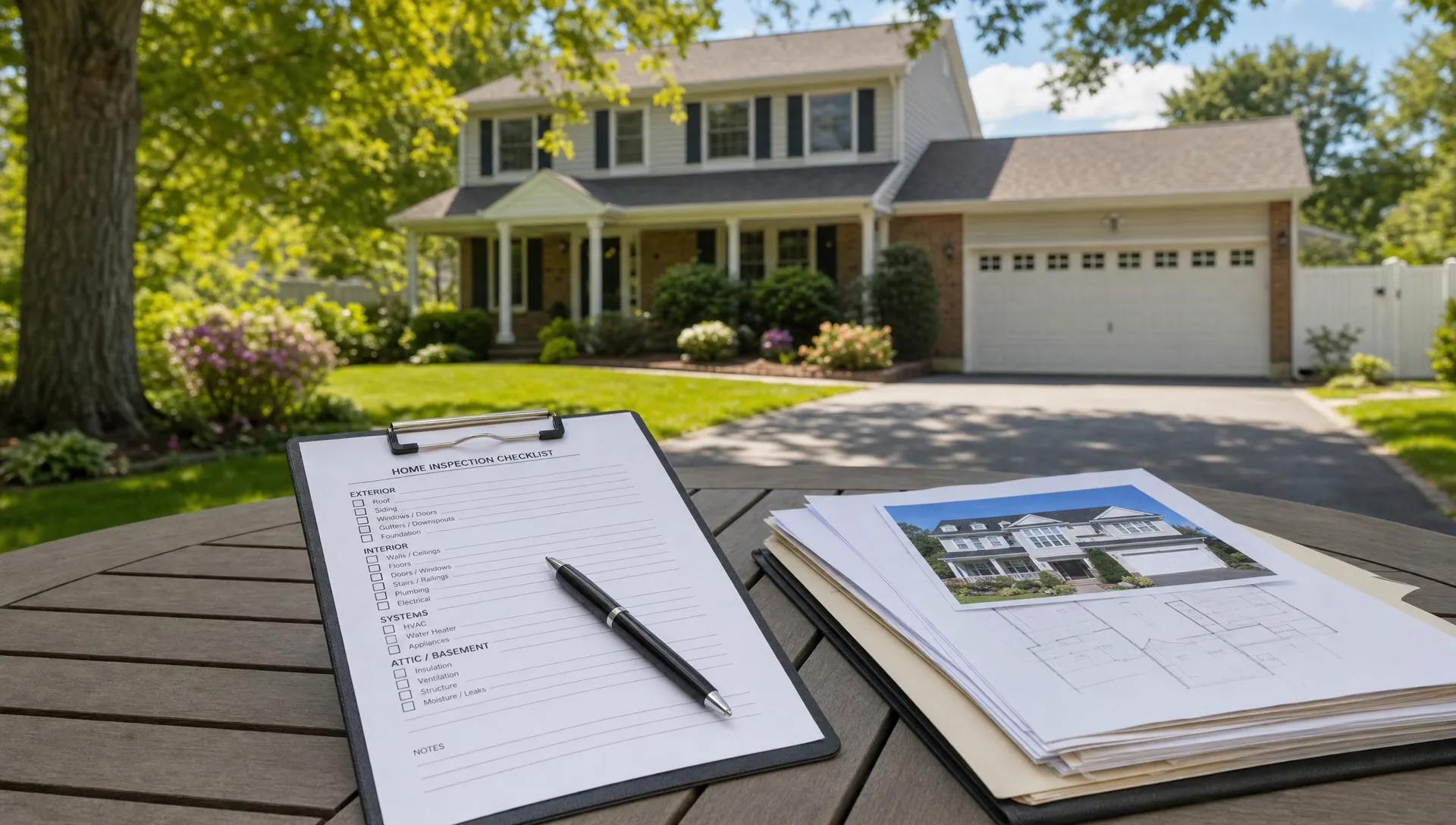 A Long Island suburban home with a front lawn, driveway and mature trees sits behind a checklist and documents on an outdoor table.
