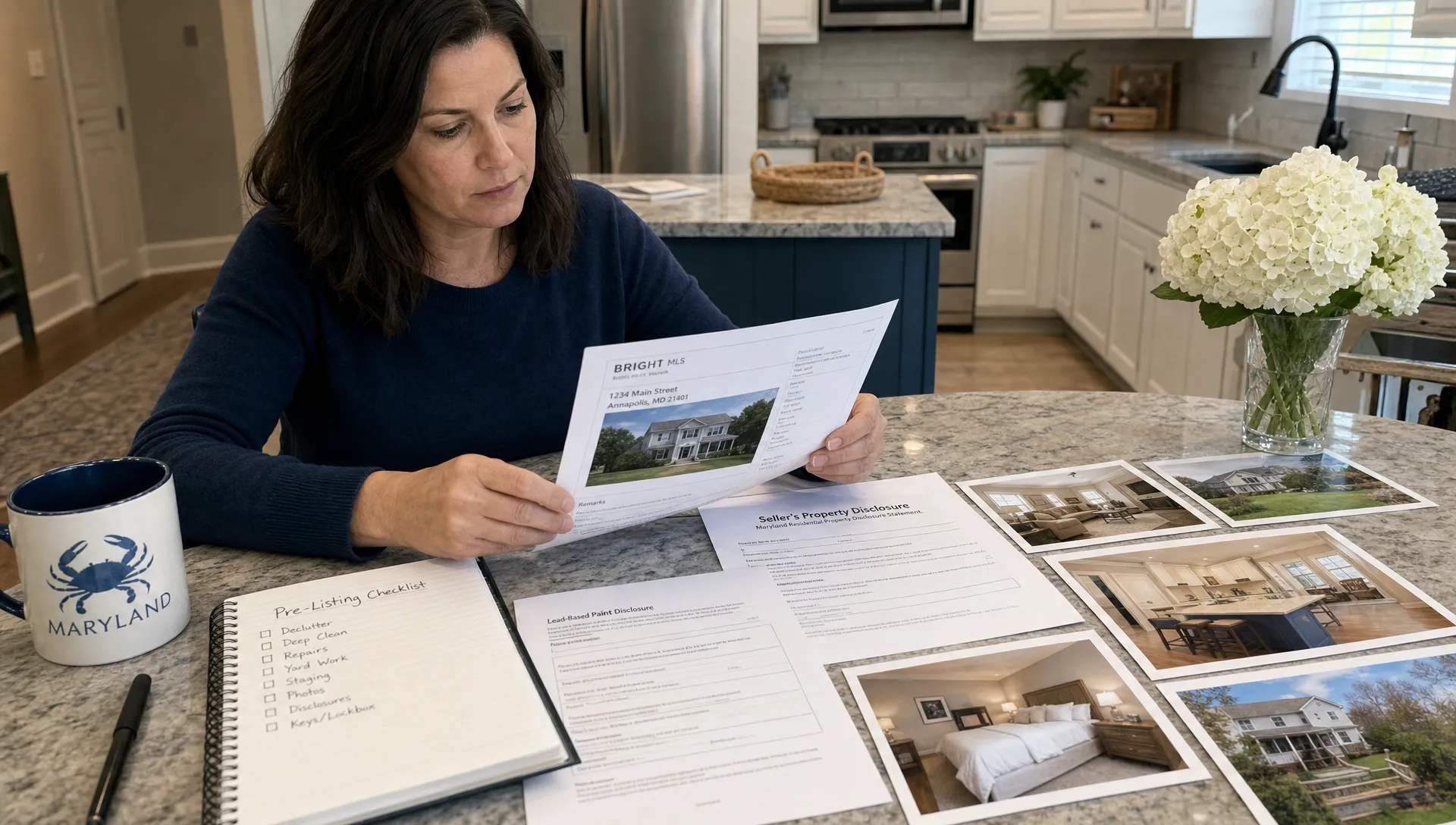 A Maryland home seller reviewing printed MLS listing details, disclosure forms, property photos, and a checklist on a kitchen table before the home goes active.