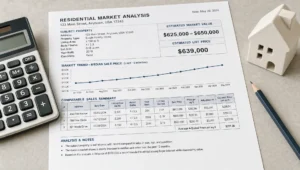 A price chart, calculator, and comparable sales sheet show the evidence behind setting a home list price.
