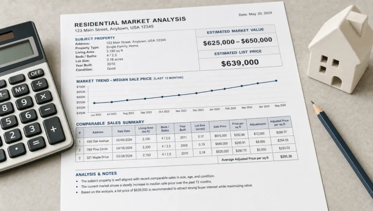 A price chart, calculator, and comparable sales sheet show the evidence behind setting a home list price.