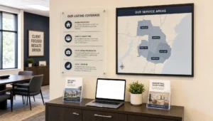A real estate office display shows listing coverage notes, service areas, and broker support for flat fee MLS reviews.