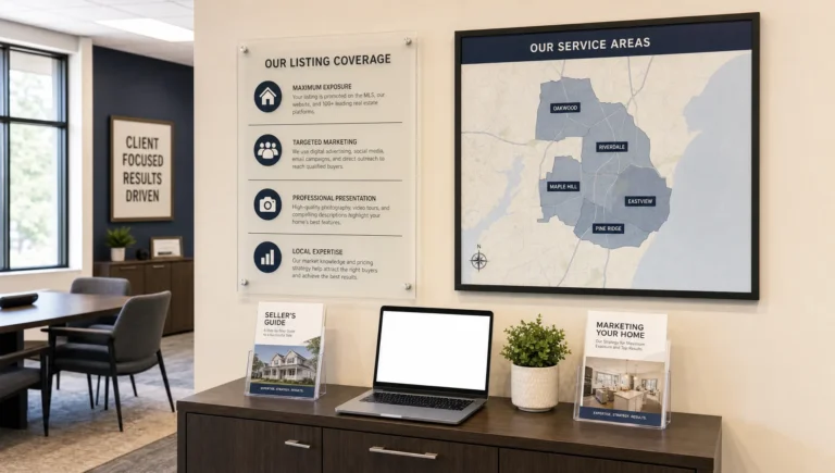 A real estate office display shows listing coverage notes, service areas, and broker support for flat fee MLS reviews.