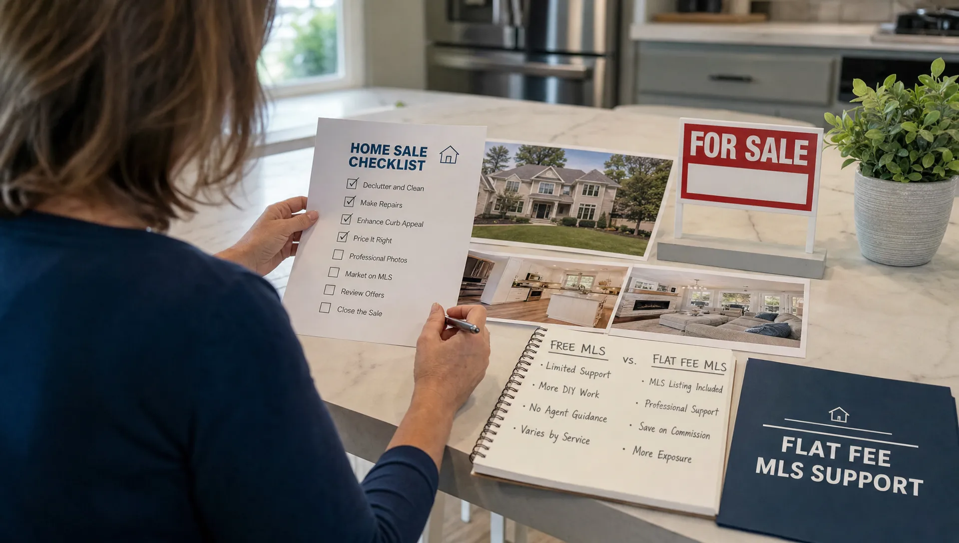 A seller reviewing a home sale checklist on a kitchen table with printed property photos, a small for sale sign, and comparison notes about free MLS listing options and flat fee MLS support.