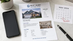 A smartphone, MLS alert sheet and calendar card show a buyer preparing to act fast on a new listing.