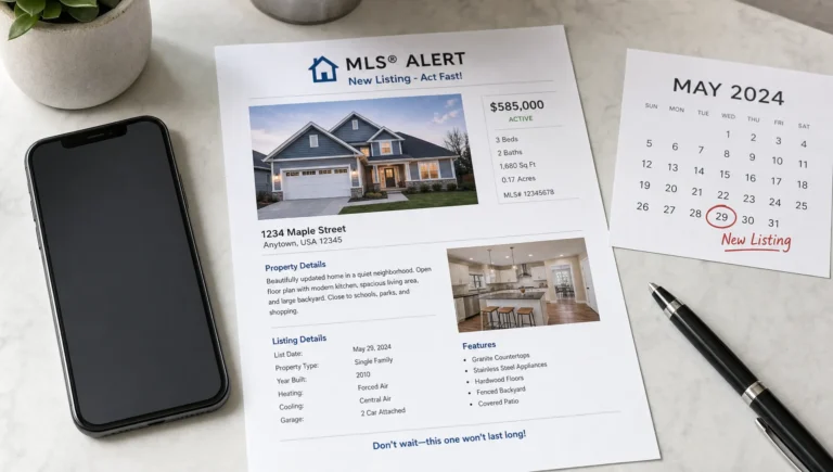 A smartphone, MLS alert sheet and calendar card show a buyer preparing to act fast on a new listing.